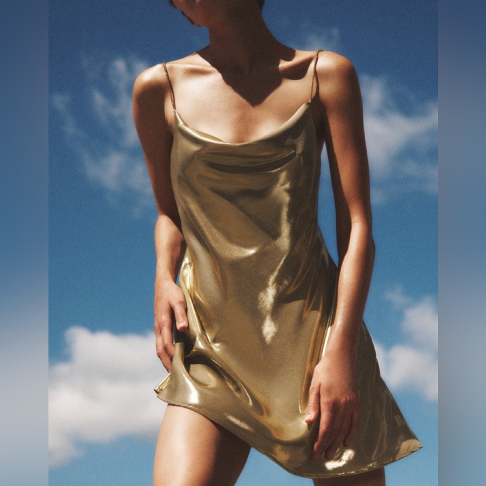 ZARA Gold Metallic Satin Slip Dress | Size S | NWT